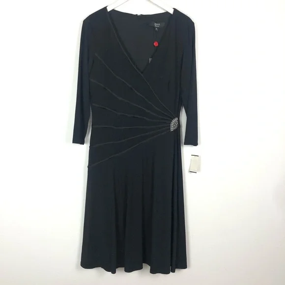 Tadashi Shoji | Dresses | Tadashi Shoji Black 34 Length Sleeve V Neck Fit  Flare Dress Size Xl | Poshmark